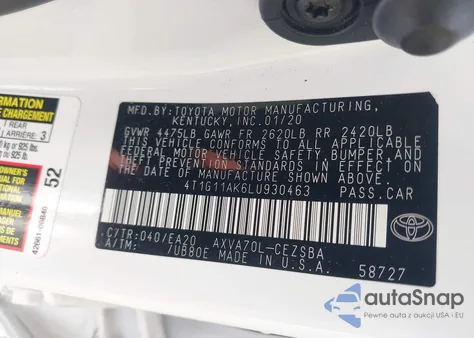 2020 Toyota Camry Se from USA, damaged, VIN 4T1G11AK6LU930463